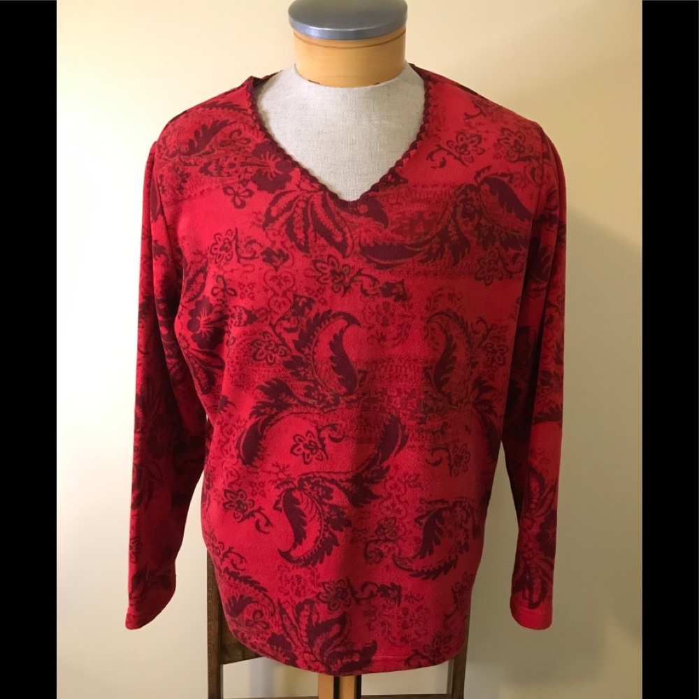 Coldwater Creek Plus Size Red Paisley Print Fleece Pullover Top w Long Sleeves